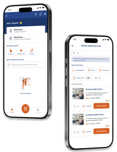 ABHA App home screen showing navigation and health dashboard
